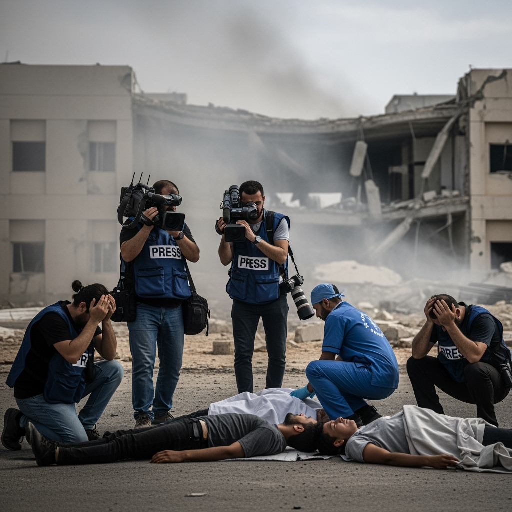 Illustration for: Israeli Strike on Gaza Hospital Kills 15, Including Journalists