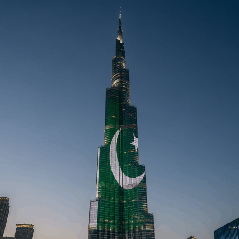 Illustration for: Pakistan's Flag Illuminates Burj Khalifa