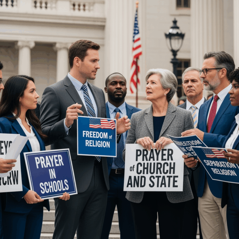 Illustration for: Debate Over Prayer After Tragedy in the USA