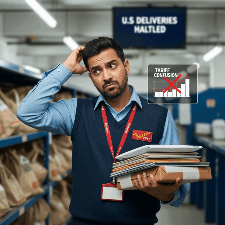 Illustration for: India Halts US Postal Deliveries Amid Tariff Confusion