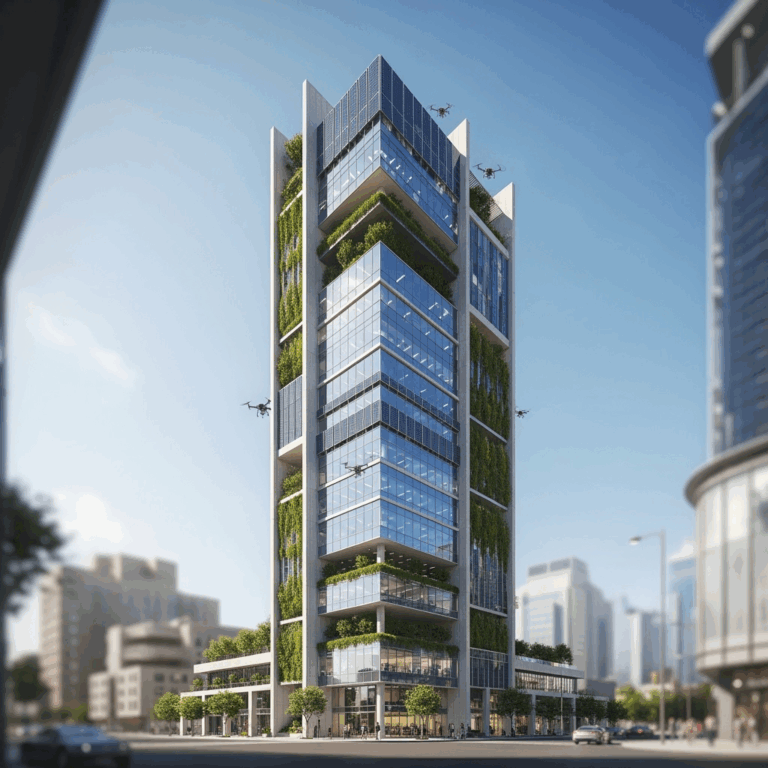 Illustration for: Eco-friendly Commercial Tower with Smart Tech