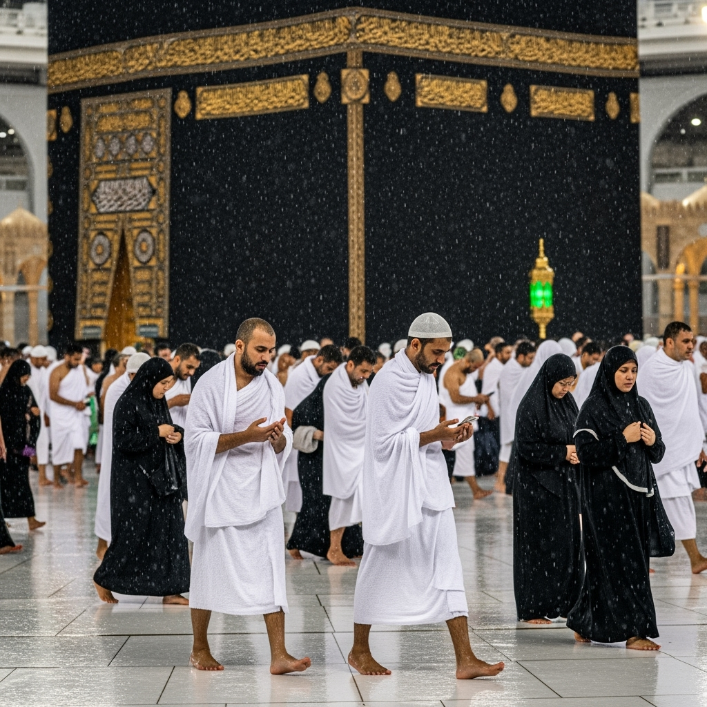 Illustration for: Heavy Rain Blesses Umrah Pilgrims in Makkah