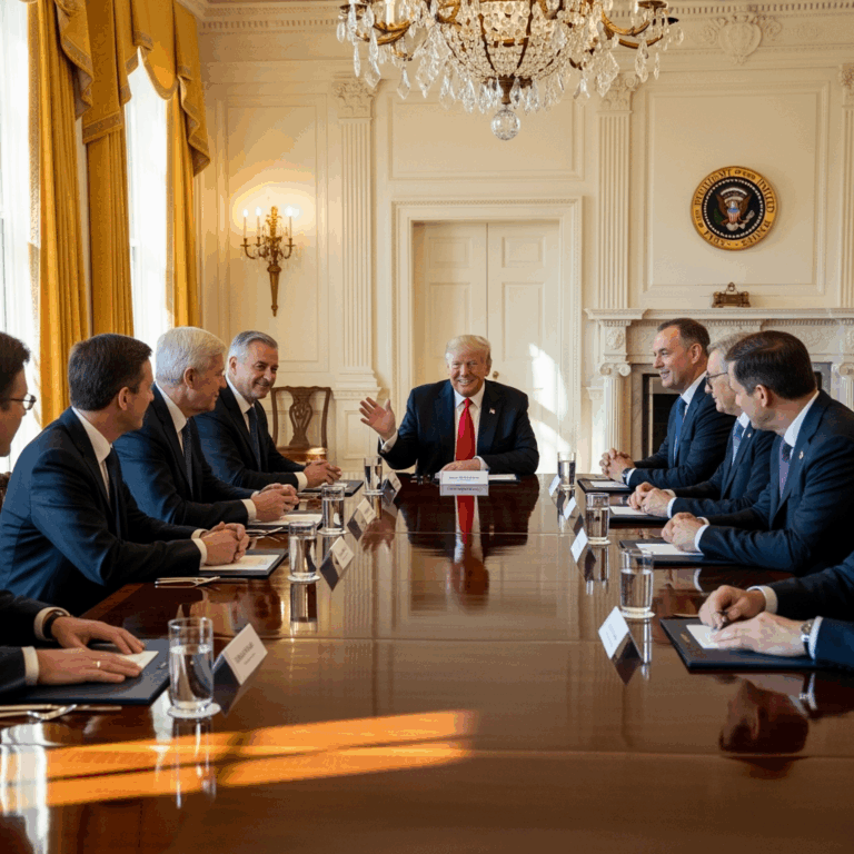 Illustration for: Trump Hosts EU Leaders at the White House