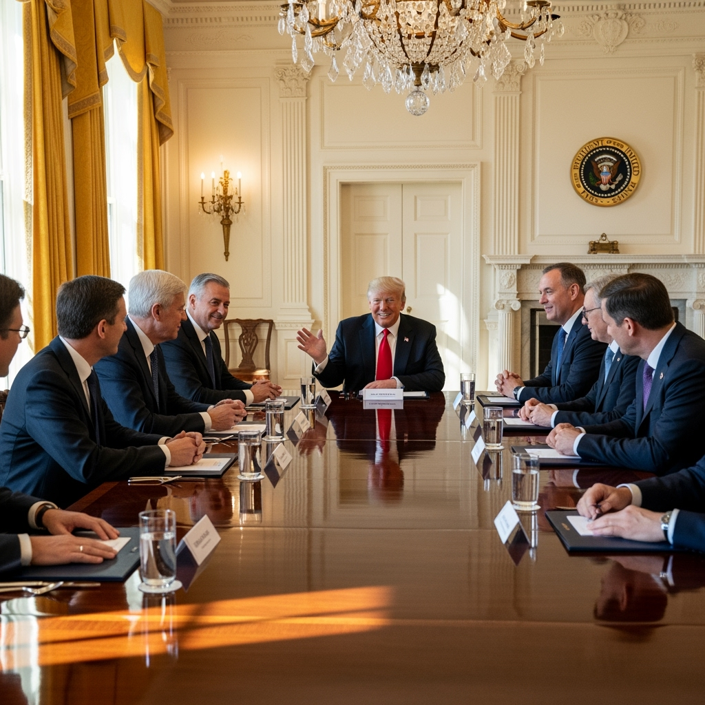 Illustration for: Trump Hosts EU Leaders at the White House