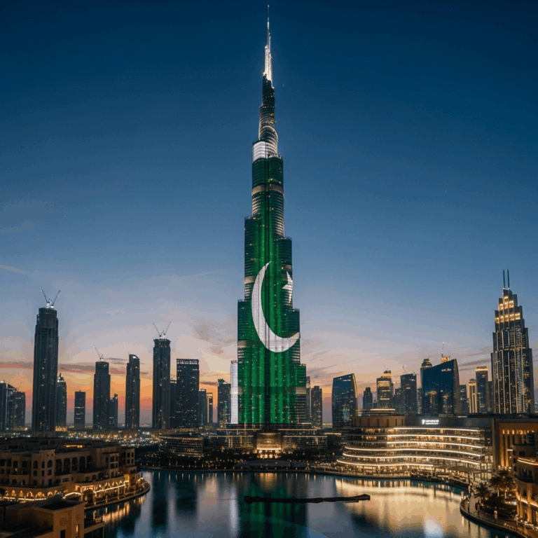 Illustration for: برج خليفة يضيء بعلم باكستان في يوم الاستقلال