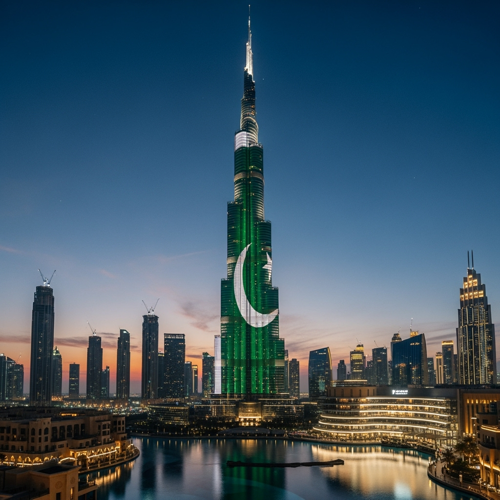 Illustration for: برج خليفة يضيء بعلم باكستان في يوم الاستقلال