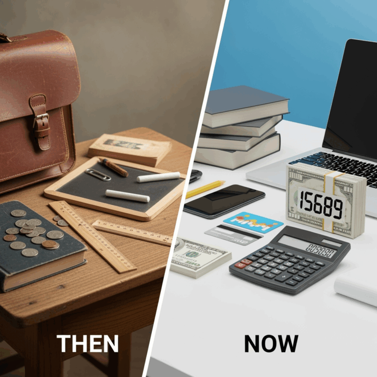 Illustration for: School Costs: Then vs. Now