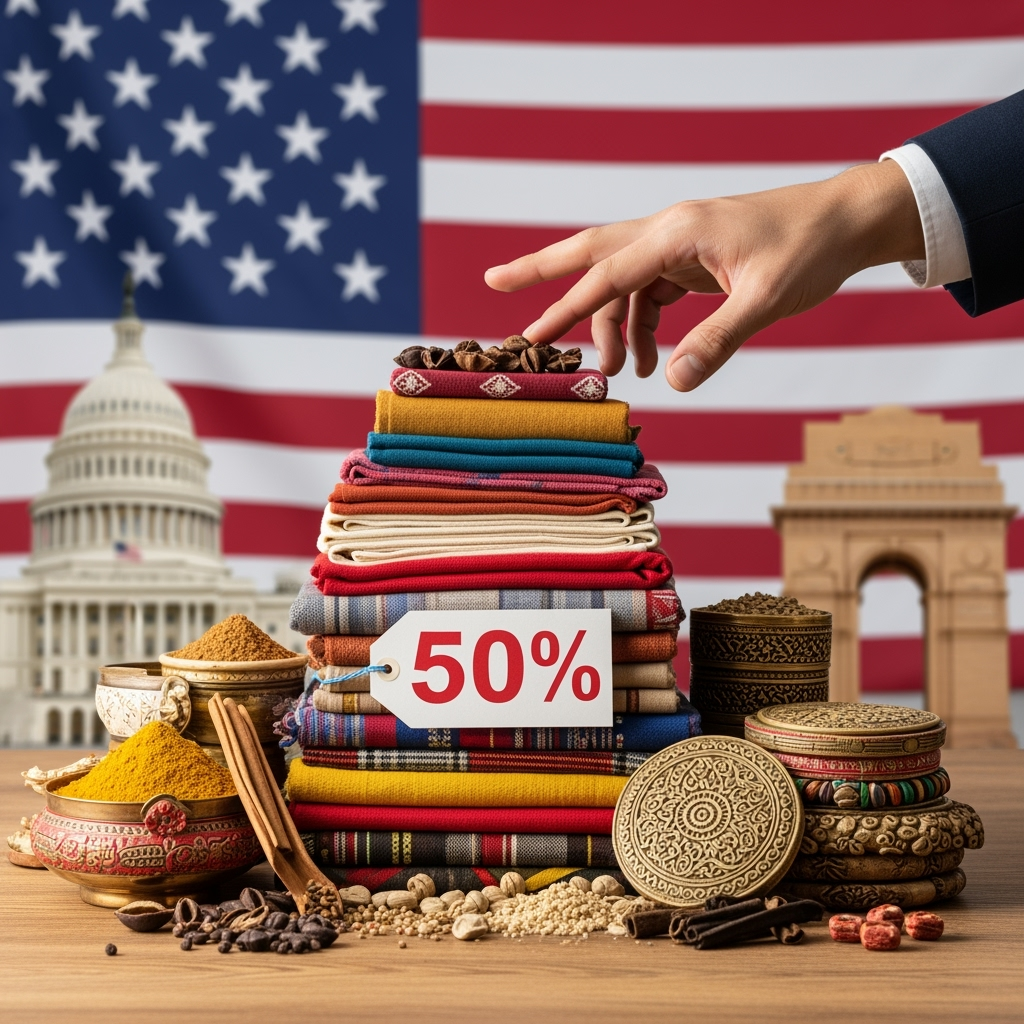 Illustration for: US Imposes 50% Tariffs on Indian Products