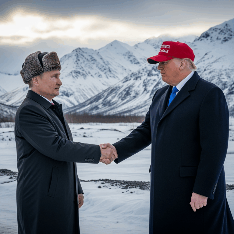 Illustration for: Putin and Trump Meeting in Alaska