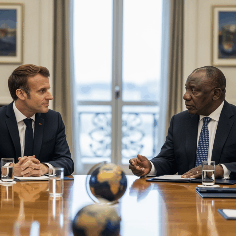 Illustration for: Macron Discusses Global Crises with Ramaphosa