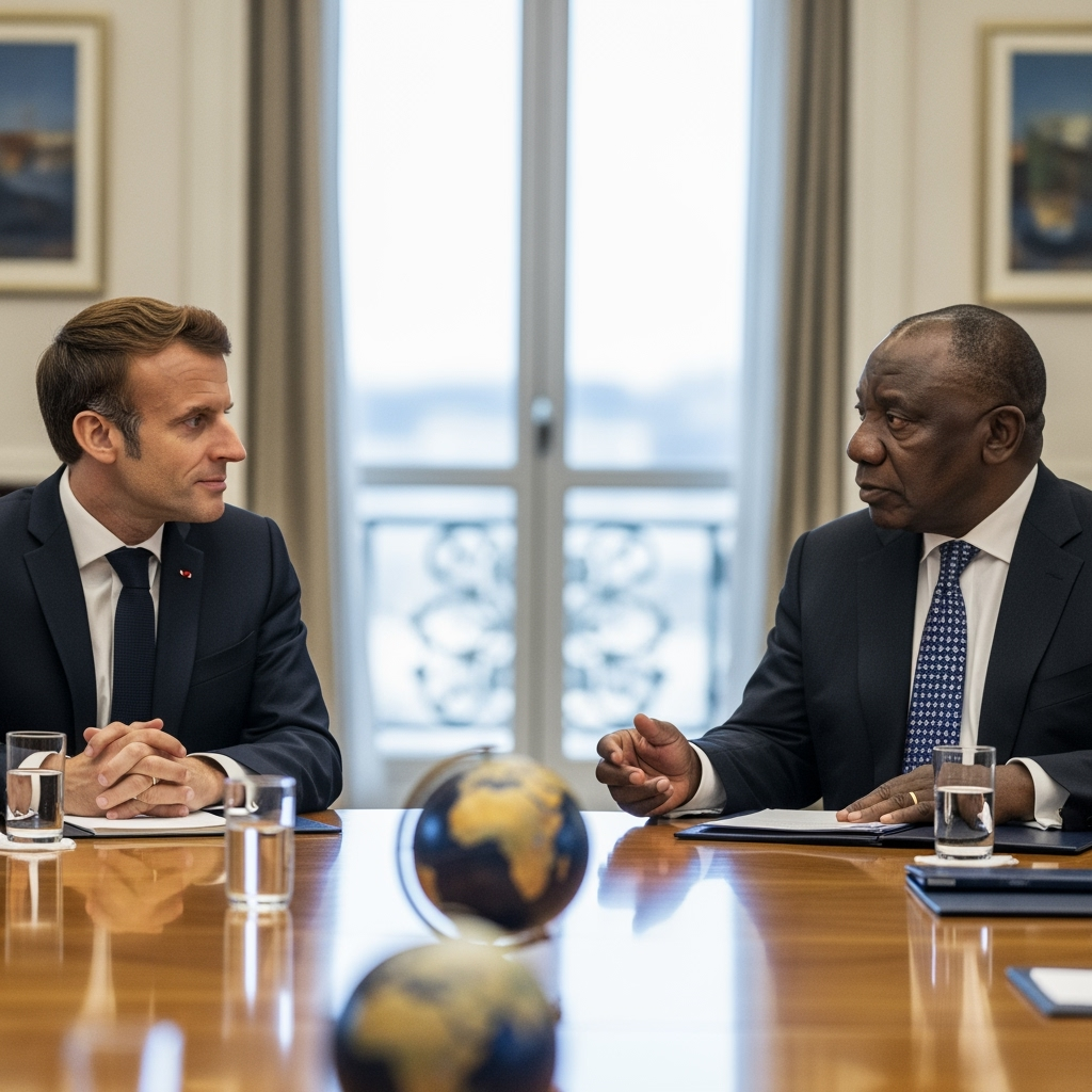 Illustration for: Macron Discusses Global Crises with Ramaphosa