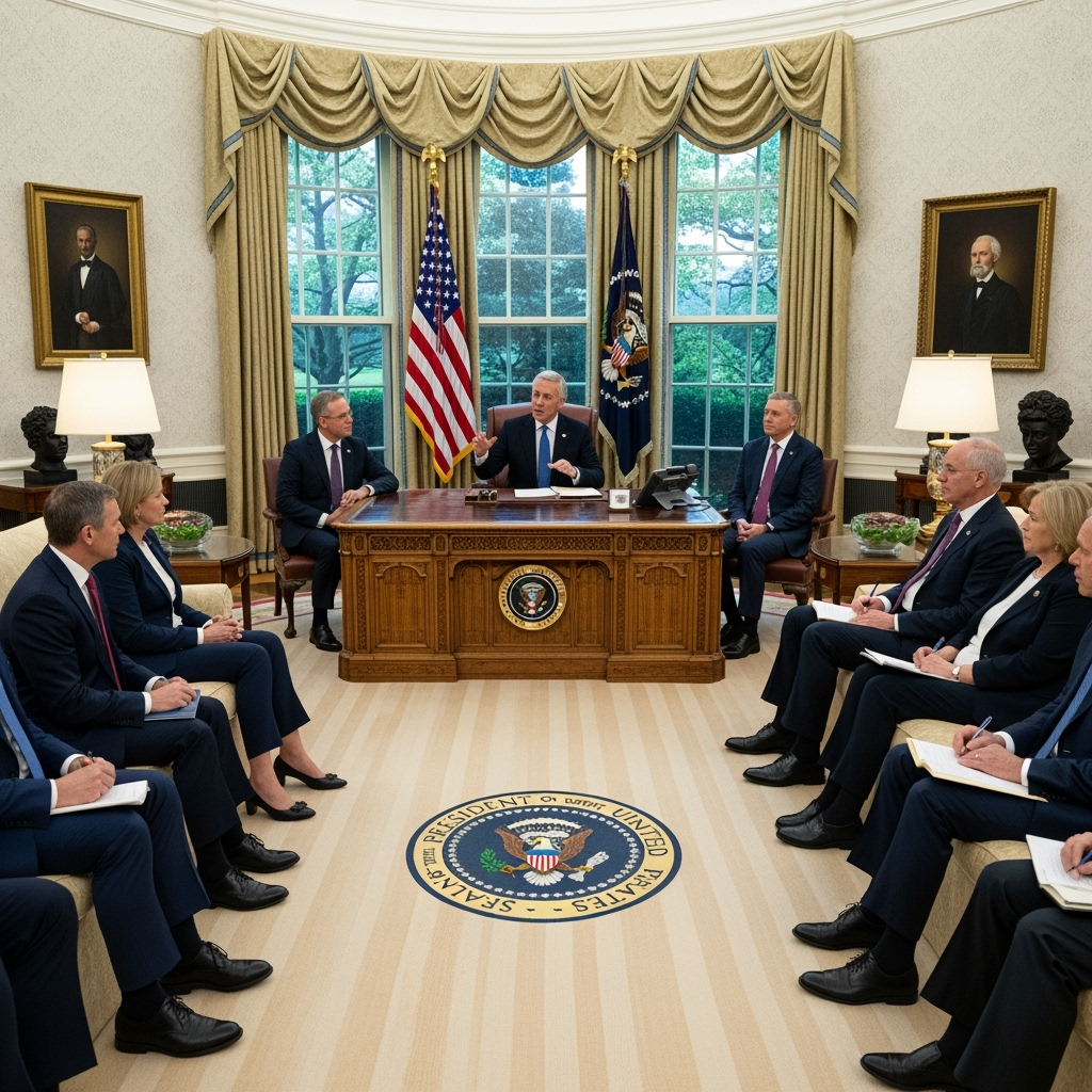 Illustration for: World Leaders Gather at the Oval Office