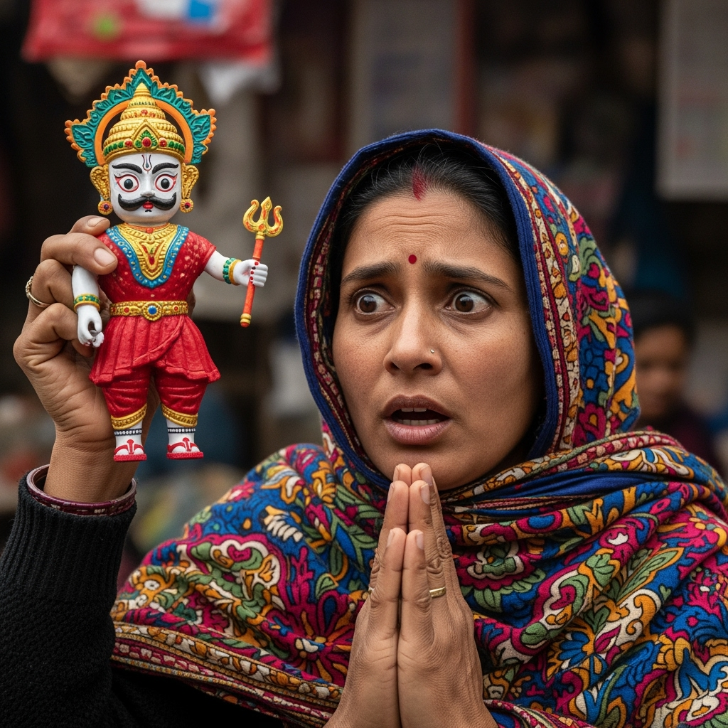 Illustration for: Woman Mistakes Toy for Deity in Viral Video