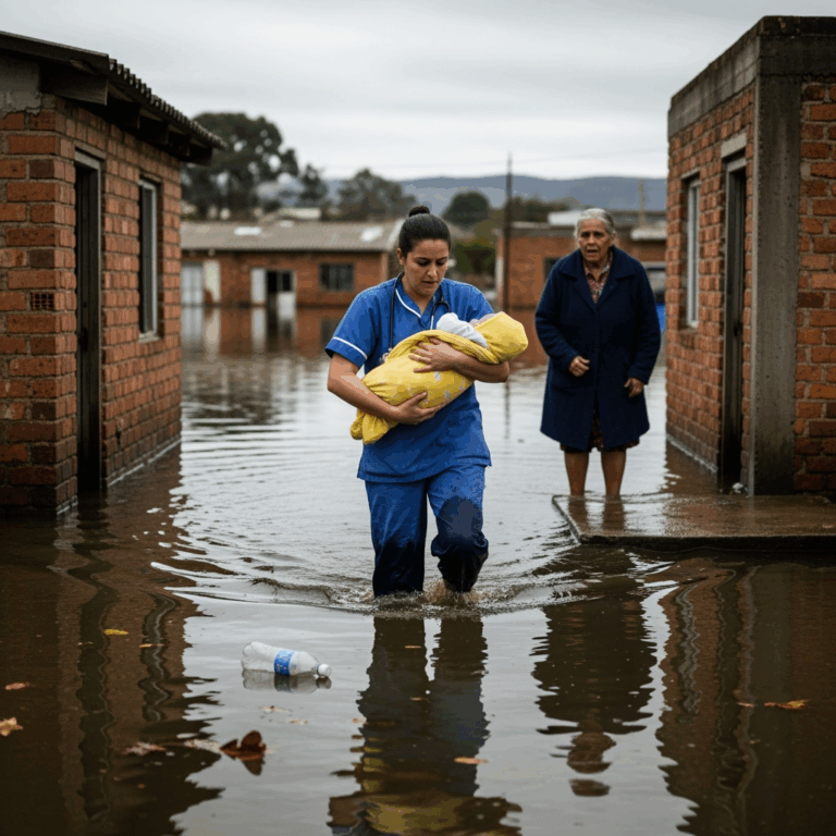 Illustration for: Heroic Nurse Crosses Floods to Vaccinate Baby