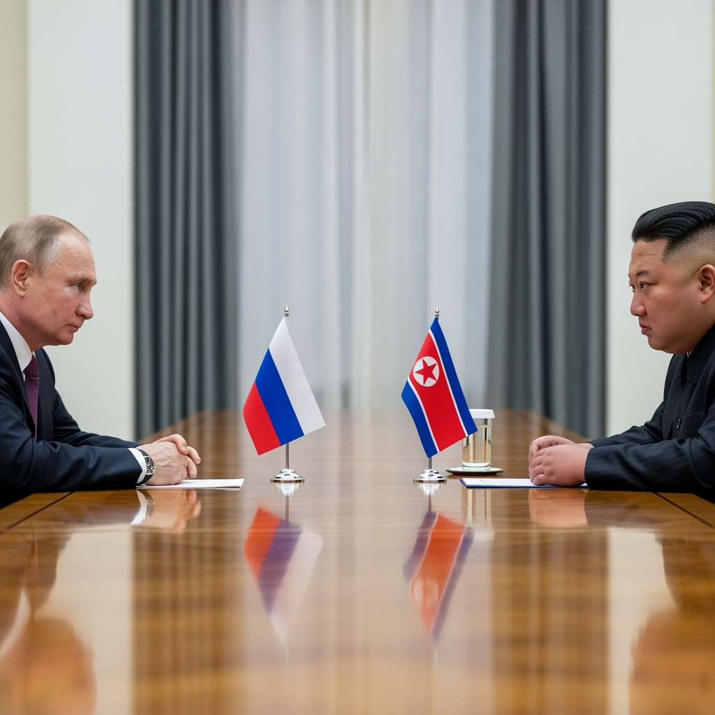 Illustration for: Putin and Kim Jong Un Discuss Bilateral Relations