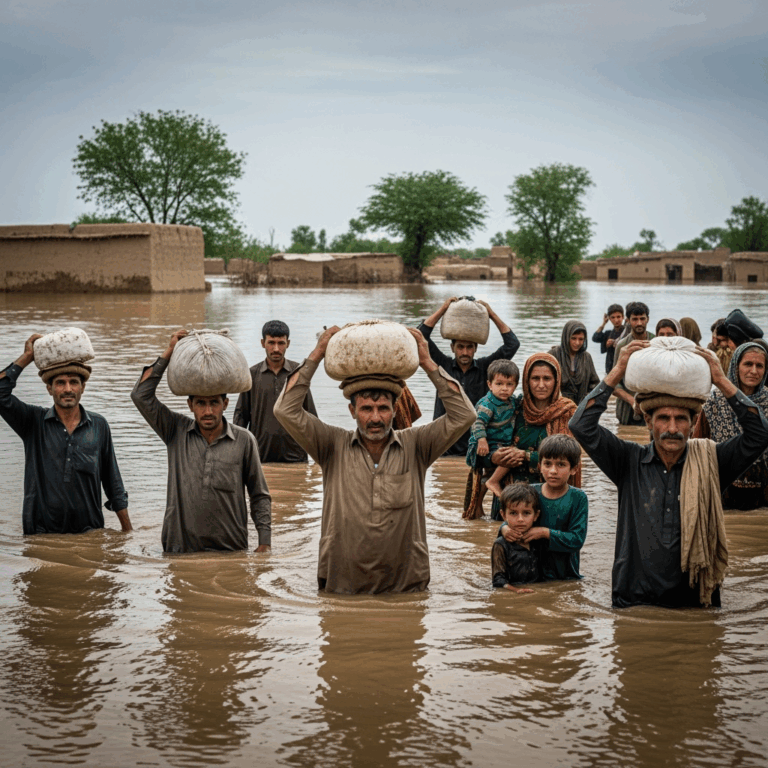 Illustration for: Floods and Conflict Displace Pakistani Villagers