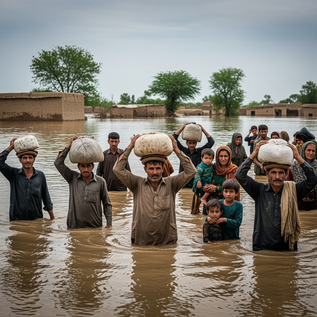Illustration for: Floods and Conflict Displace Pakistani Villagers