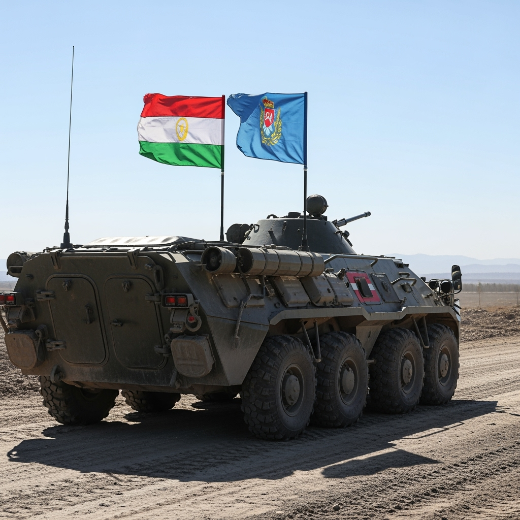 Illustration for: Armored Carrier with Dual Flags Heads to Battle