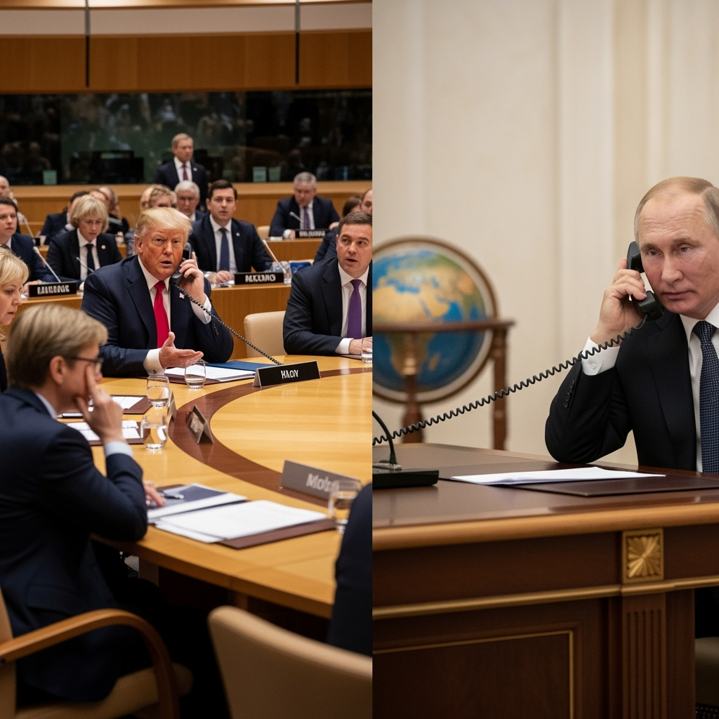 Illustration for: Trump Calls Putin During EU Talks
