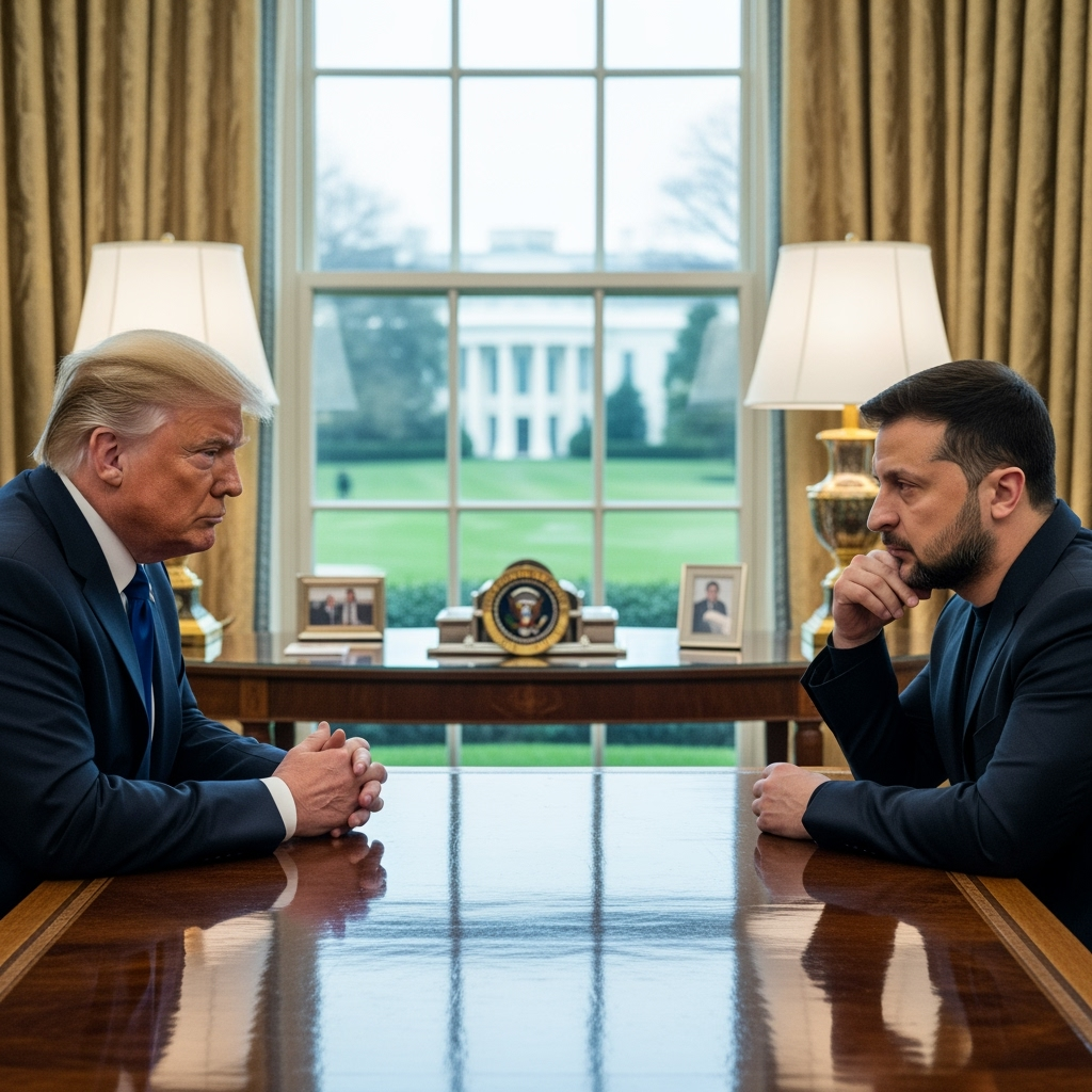 Illustration for: Trump and Zelensky Discuss Peace at White House