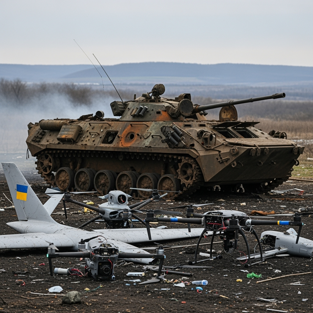 Illustration for: Russian Forces Destroy Ukrainian Drones and Armored Vehicles