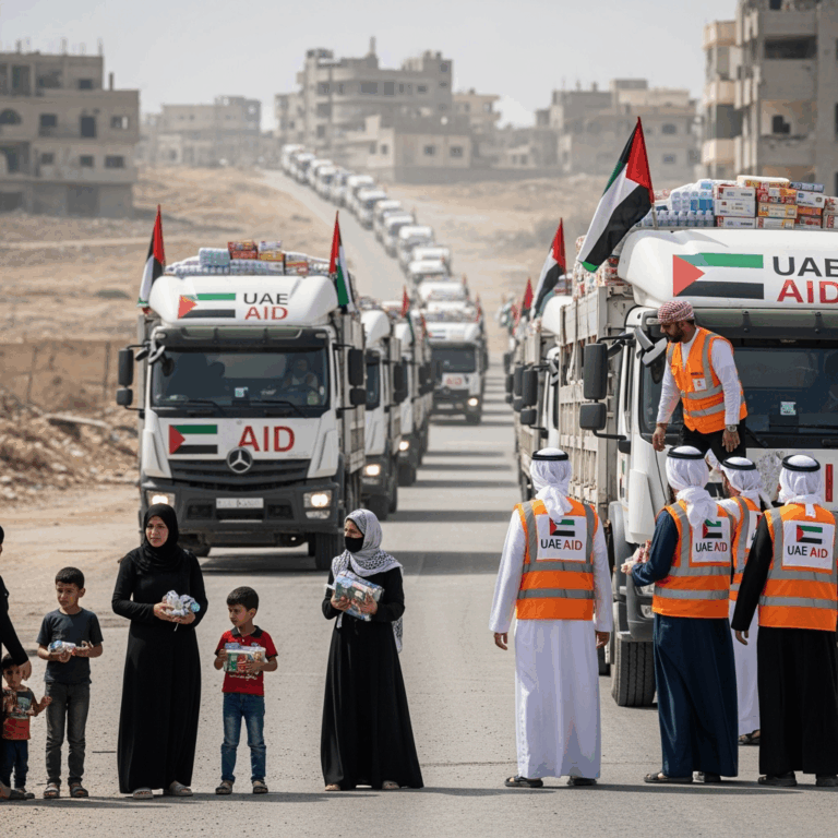 Illustration for: UAE Aid Efforts in Gaza Amid Humanitarian Crisis