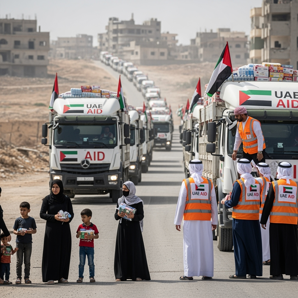 Illustration for: UAE Aid Efforts in Gaza Amid Humanitarian Crisis