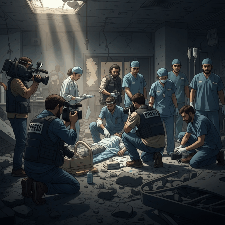 Illustration for: Israeli Strikes on Gaza Hospital Kill 15, Including Journalists