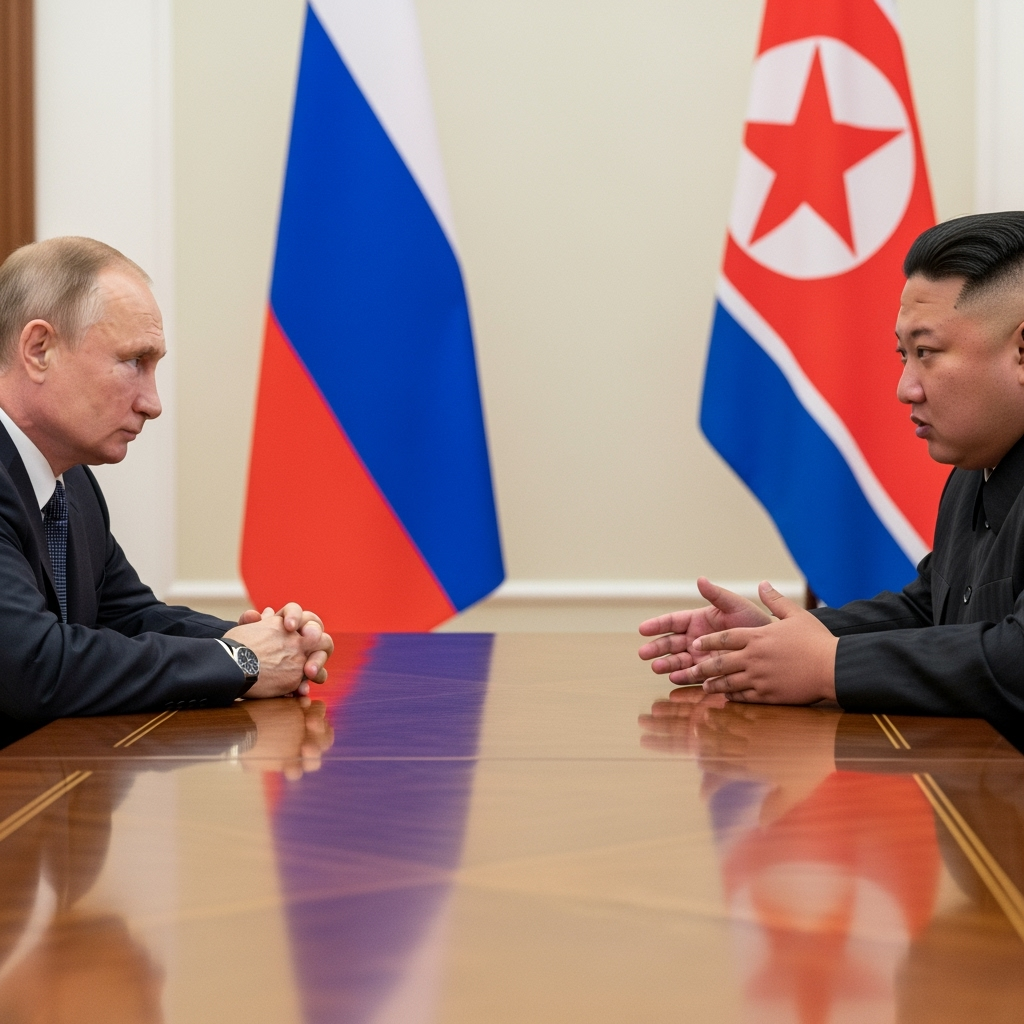 Illustration for: Kim Jong Un and Putin Discuss Future Cooperation