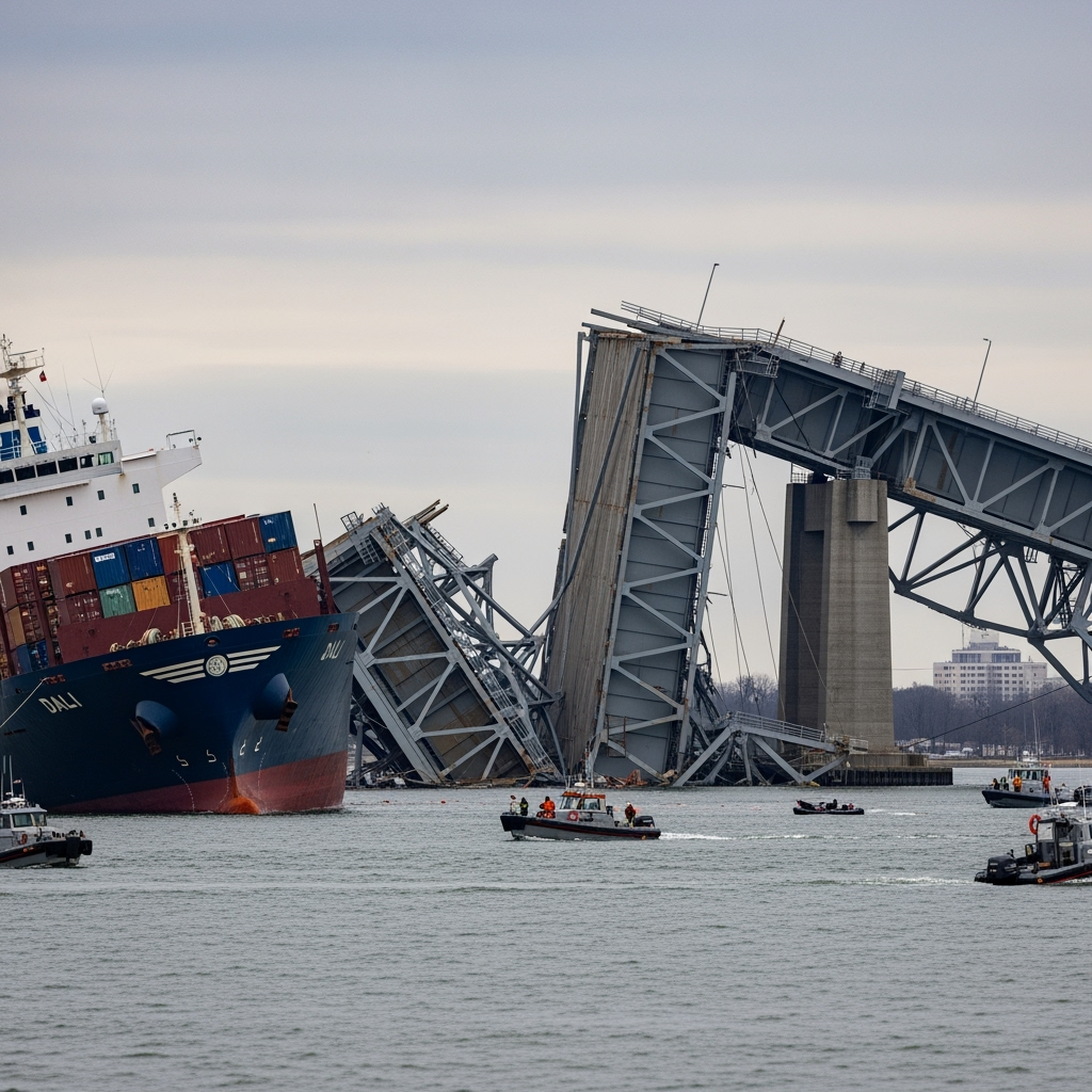 Illustration for: Explosion on Ship Near Collapsed Bridge in Baltimore