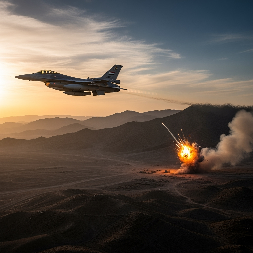 Illustration for: Iraqi Air Force Conducts Strikes on Terrorist Hideouts
