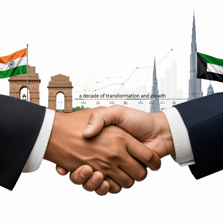 Illustration for: العلاقات الثنائية بين الهند والإمارات: عقد من التحول والنمو