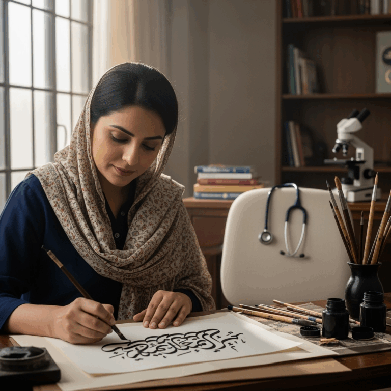 Illustration for: الدكتورة سارة صوفيان: فن الخط والطب في باكستان