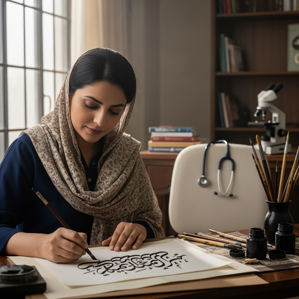 Illustration for: الدكتورة سارة صوفيان: فن الخط والطب في باكستان