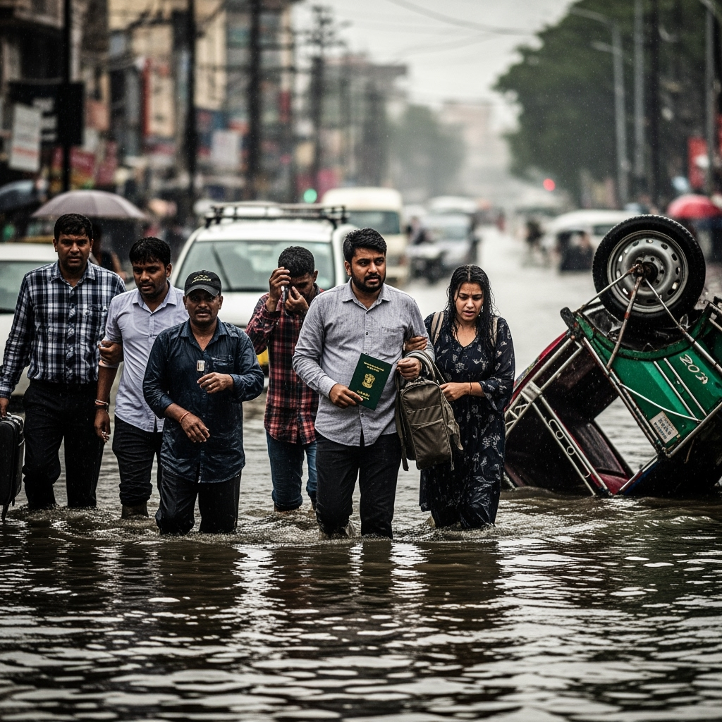 Illustration for: Floods Cause Chaos for UAE Travelers in India