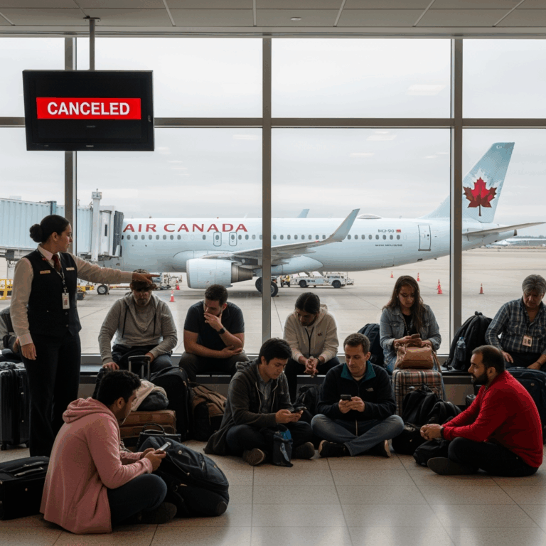 Illustration for: Air Canada Strike Grounds Flights, Strands Passengers