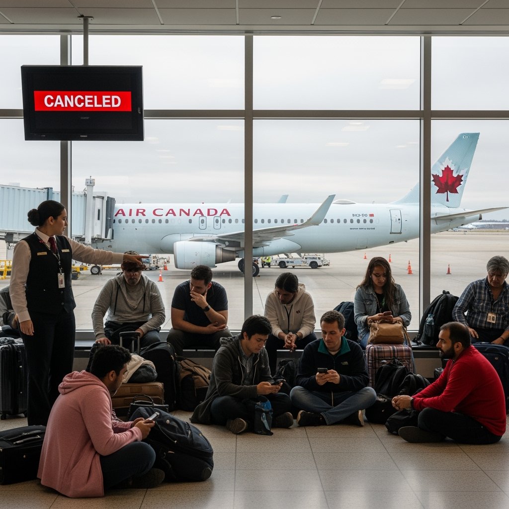 Illustration for: Air Canada Strike Grounds Flights, Strands Passengers