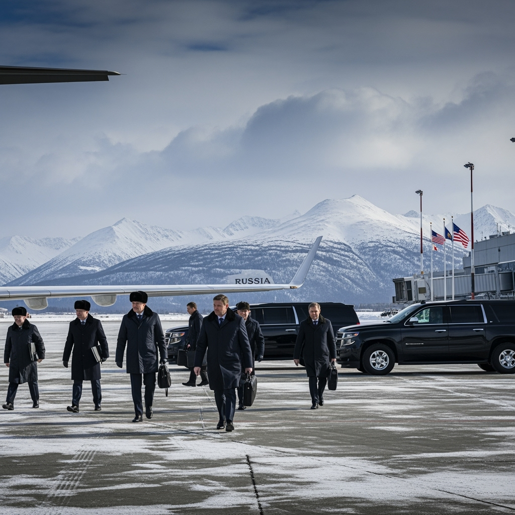 Illustration for: Russian Delegation Arrives in Alaska for Putin-Trump Summit