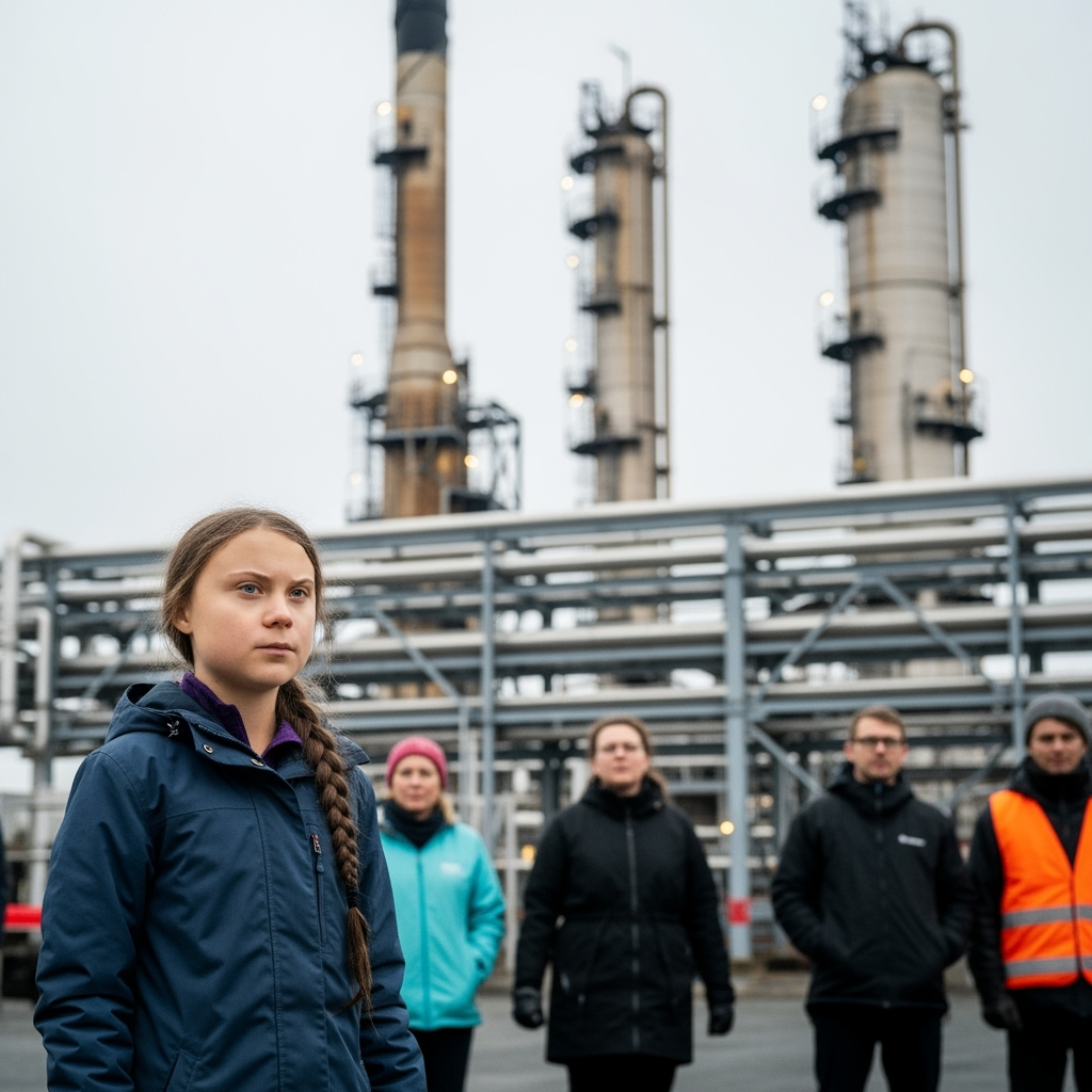 Illustration for: Greta Thunberg Leads Protest at Norway Oil Refinery