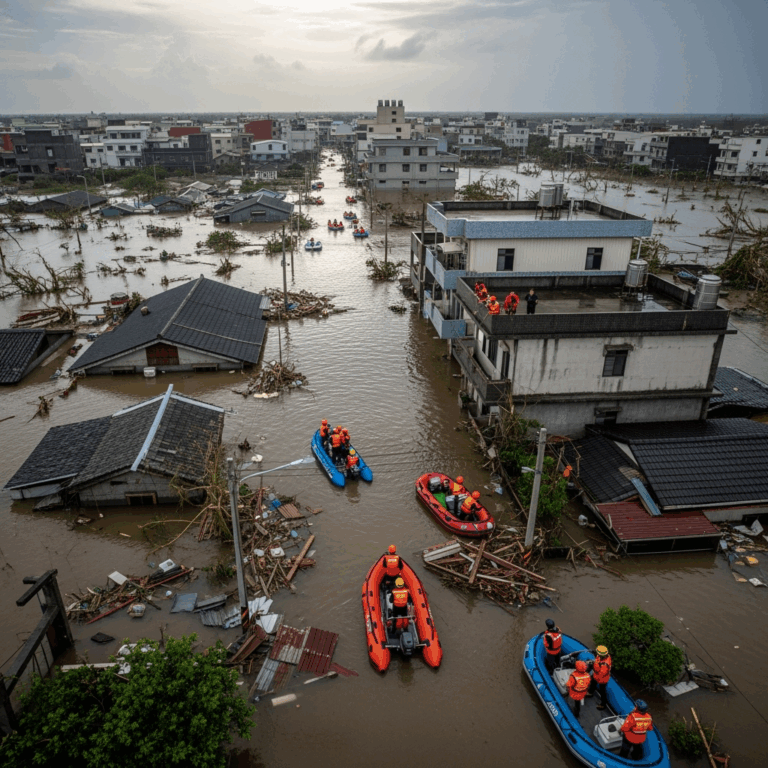 Illustration for: Taiwan Searches for Missing After Typhoon Floods Town
