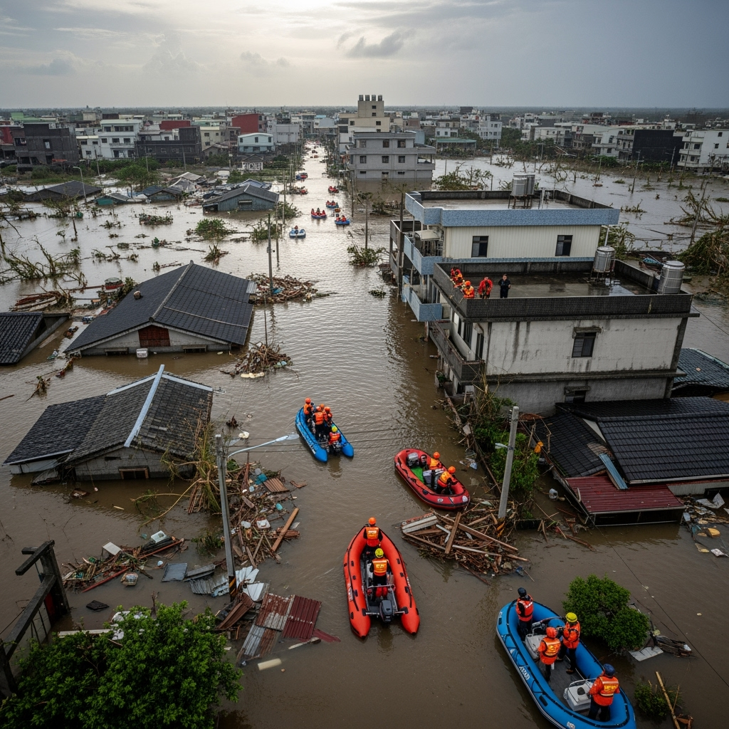 Illustration for: Taiwan Searches for Missing After Typhoon Floods Town