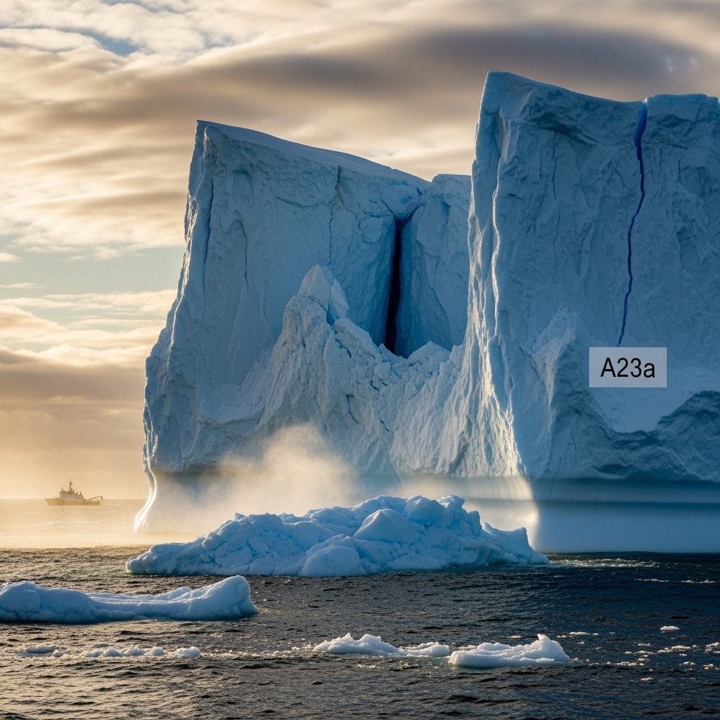 Illustration for: Colossal Iceberg A23a Nears Disintegration