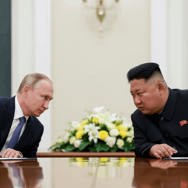 Illustration for: Putin and Kim Jong Un Discuss Bilateral Trust and Alliance