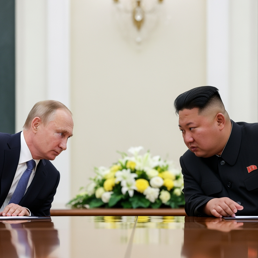 Illustration for: Putin and Kim Jong Un Discuss Bilateral Trust and Alliance