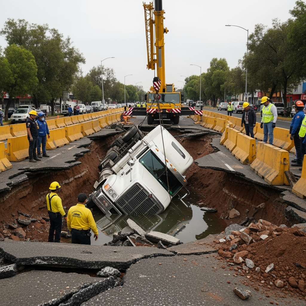 Illustration for: Truck Falls into 8-Meter Pit in Mexico City