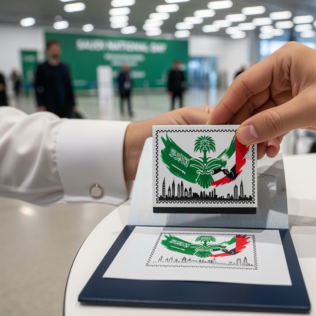 Illustration for: Dubai Airport Honors Saudi National Day with Unique Stamp