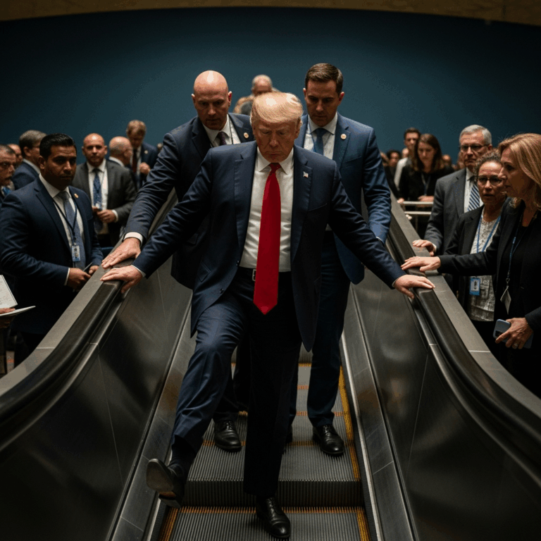Illustration for: Trump's Escalator Incident at UN