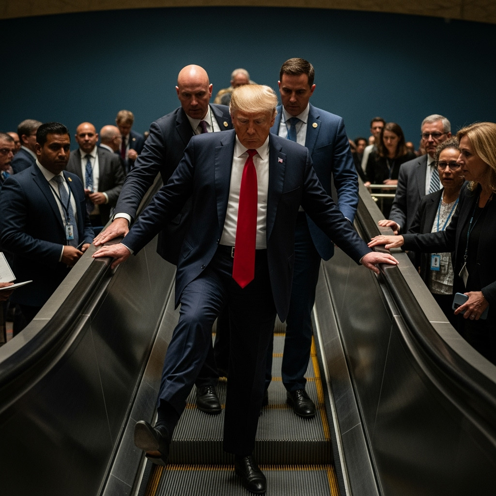 Illustration for: Trump's Escalator Incident at UN
