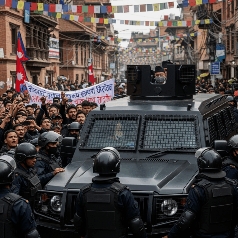 Illustration for: Protests Erupt in Nepal, President Evacuated