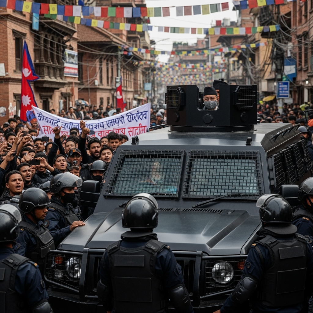 Illustration for: Protests Erupt in Nepal, President Evacuated